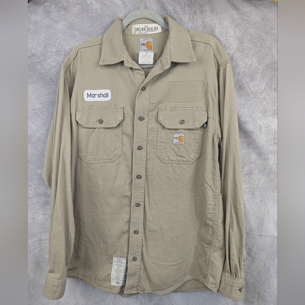 Carhartt FR Medium Tan Button Down Shirt With Marshall Nametag Cat 2 NFPA 2112